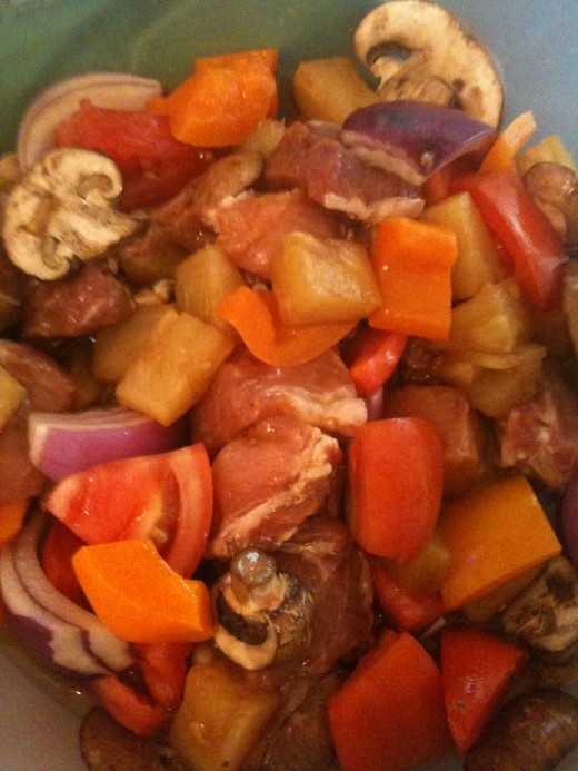 If you do your prep work ahead of time, go ahead and throw your veggies in with the pork and pineapple in the marinade. Just means more flavor!