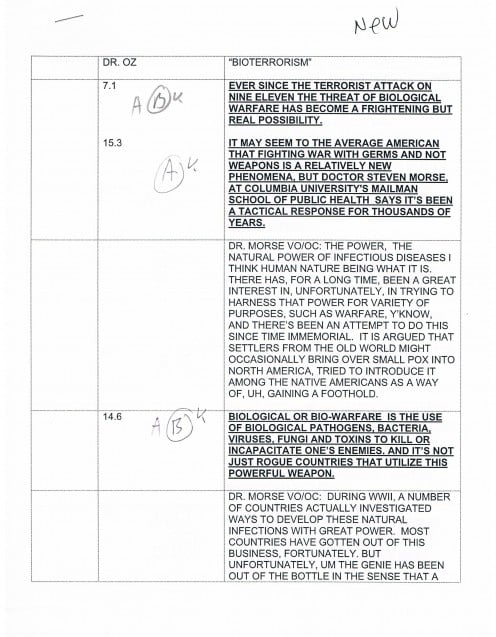 An unsigned and undated script titled, Bioterrorism - also used in a practice session at Columbia.