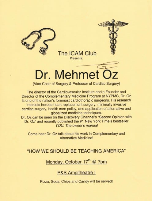 Signed flier from a lecture by Dr. Oz on October 7, 2005 at the College of Physicians & Surgeons at Columbia University Medical Center.