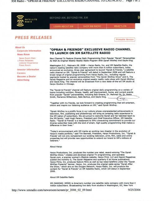 Signed online press item stating Oprah & Friends (including Dr. Oz) is heading to XM Satellite Radio.