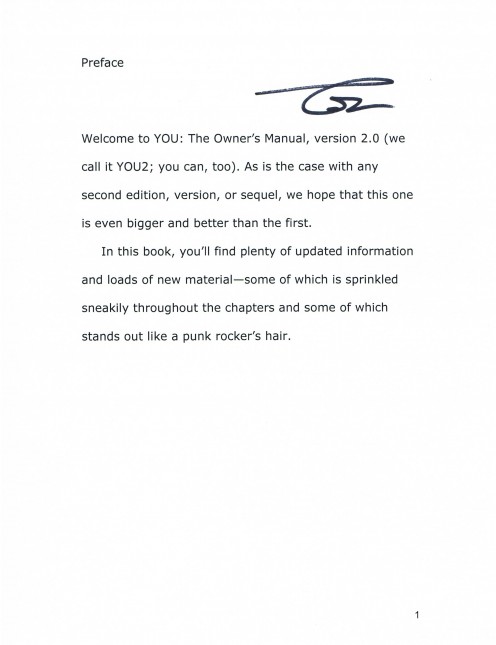 Preface page to his script for the audio recording which accompanied a later edition of the best-selling book, YOU: The Owners Manual. Also includes pages 2-34.