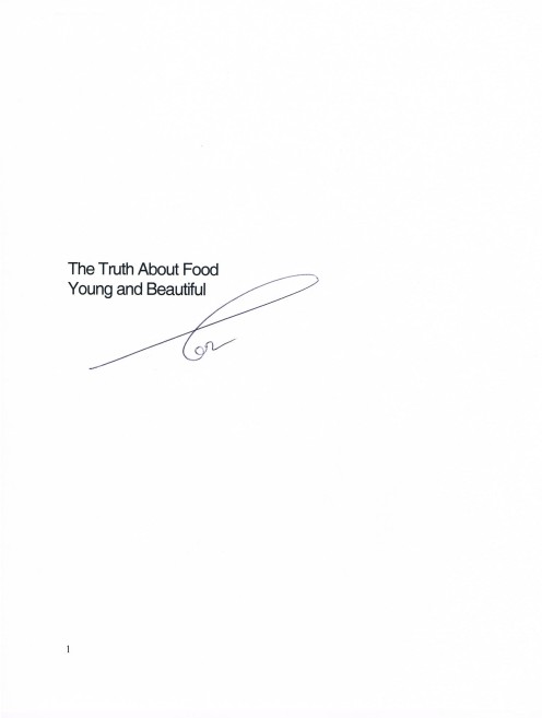 Cover page to the script, The Truth About Food: Young and Beautiful. Single page only.
