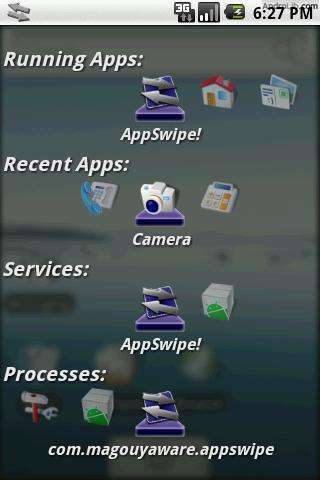 AppSwipe!, showing the screen where you see and can kill any thing you want (screenshot from Androlib)