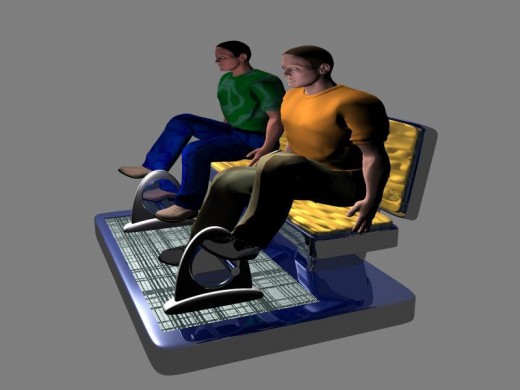This illustration shows a pair of seats with pedals installed on the floor in front of both seats. 