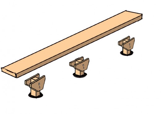Position the ten foot long 2x12 or 2x10 plank over the posts. Make sure the overhang at each end is equal (about a foot).