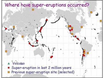 This maps shows spots where super-volcanoes are located on the earth.