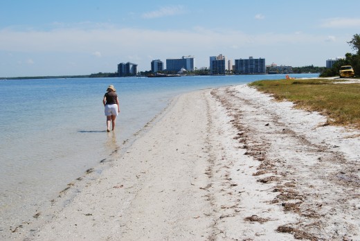 Walk the causeway beach with the Fort Myers high rises in the background.