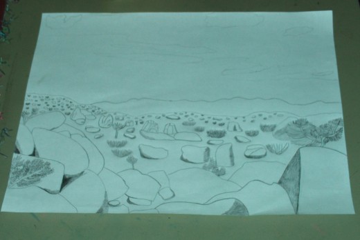Here most of the details have been added, consisting of the chaparral bushes and the boulders.