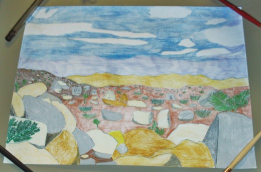 The completed desert landscape drawing showcases the beauty of the backside of the San Bernardino Mountains.