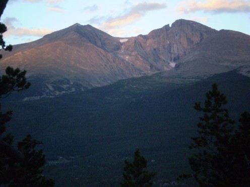 A benign view of Longs Peak's east aspect from Twin Sisters Peaks. Mount Meeker is the peak on the left. 