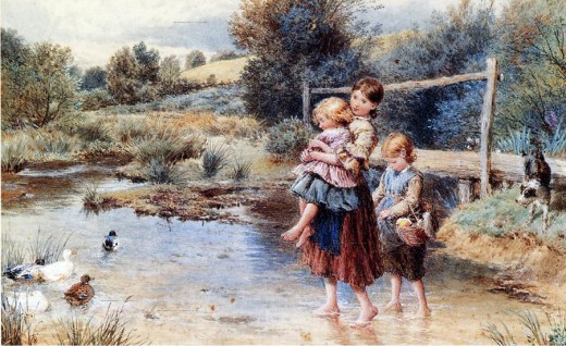 Children Paddling in a Stream, by Myles Birket Foster, Victorian painter