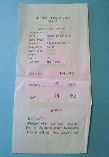 A receipt, clearly showing the numbers for easy reading later