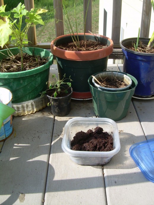 Coffee grounds in a reusable container. They make good food for plants by increasing the acidity of the soil they are planted in.