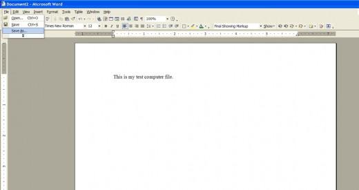 This is the word file I created. I'm saving it by clicking on the file menu in the upper left corner.