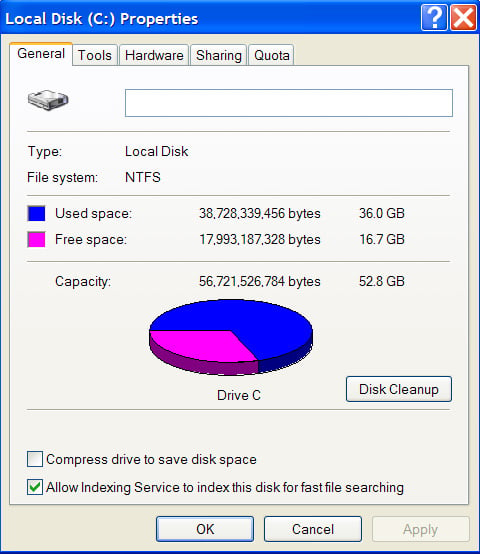 The properties of your Hard Drive shows a pie chart of how much space you have left.