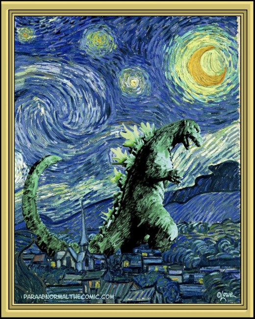 I just heard from Mr. Lowe, who graciously gave permission to post one of his cartoons. I was going to use his American Gothic spoof, but this one of Godzilla on a Starry Night is equally brilliant. Go look at his stuff at his own site now.
