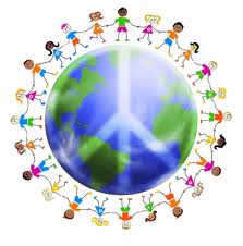 colorful world with peace sign and children around the world