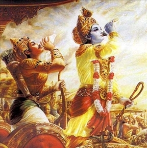 Lord Krishna and Arjuna blow their conches.