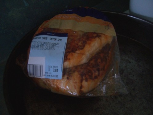 3 pack of panini's purchased from the SuperMarket - Sage & Onion with cheese. The flavoring is on the outside, which has been grilled.