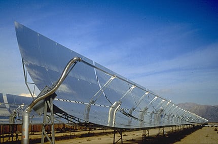 One type of solar collector uses parabolic mirrors to focus on a fluid that is then used to drive a turbine or to collect electrical power directly from heat. There are other variations, such s photo-voltaic sources, or solar powered wind turbines.