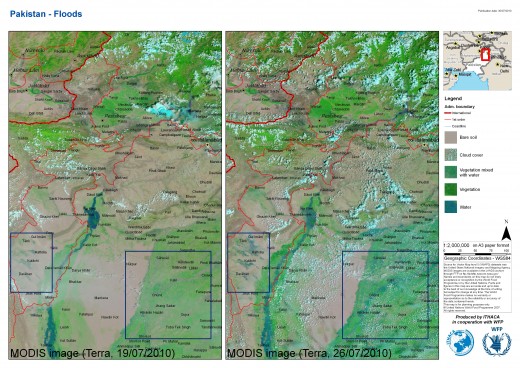 This before and after map shows the regions that are under flooding in Pakistan.