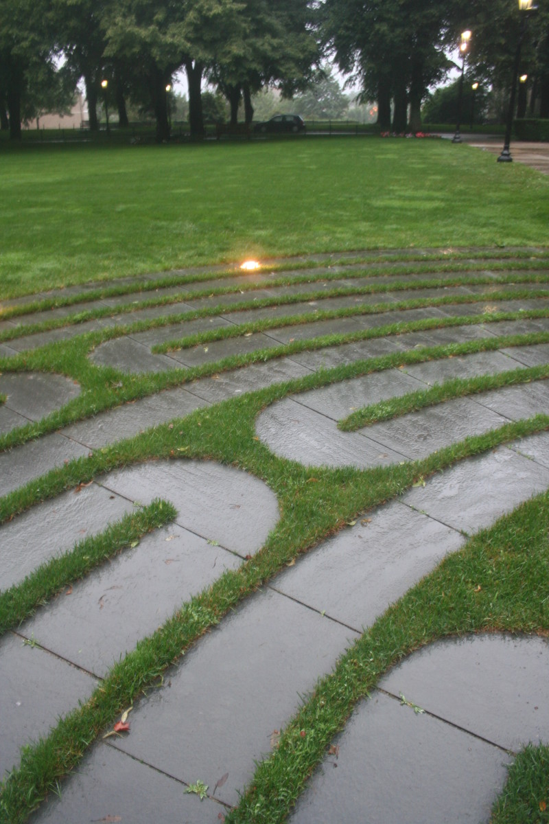 A piece of the actual BC student memorial labyrinth at dusk