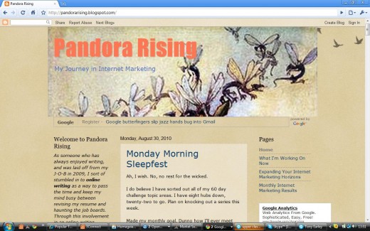 "Pandora Rising Blog latest page on Blogspot" Screenshot. HubPage Name = Pandora's Box (http://pandorarising.blogspot.com/)