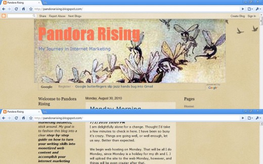 "Pandora Rising Blog previous page on Blogspot" Screenshot. HubPage Name = Pandora's Box (http://pandorarising.blogspot.com/)