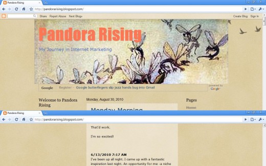 "Pandora Rising Blog previous page on Blogspot" Screenshot. HubPage Name = Pandora's Box (http://pandorarising.blogspot.com/)