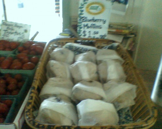 Fresh, delicious blueberry muffins, baked daily when the store is open for business