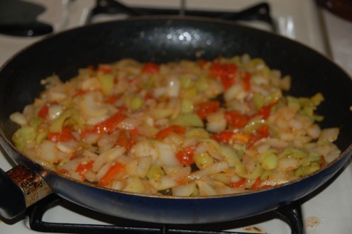  Onions, banana peppers, tomatoes, minced garlic and salsa done and ready for the mixing bowl.