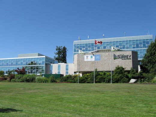 This is a north facing view of the present City of Surrey municipal hall where the local civic leaders work. It is located at 14245 56 Avenue in Surrey, British Columbia, Canada. This picture was taken on Canada Day (July 1) in 2009. (Uploaded by Leo