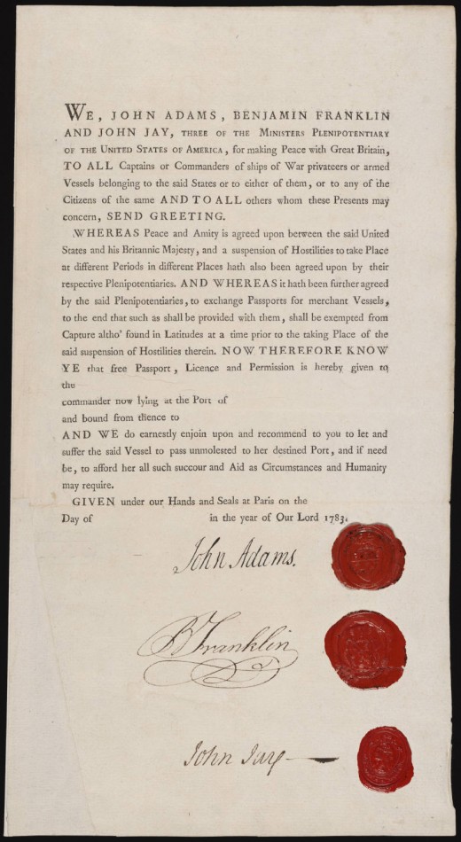 The Passport Allowing Passage for John Adams, Benjamin Franklin, and John Jay.