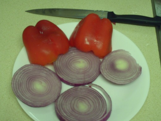 Chopped red bell peppers and red onions