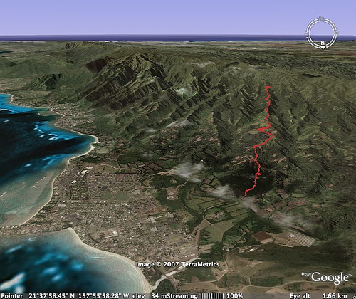 The trail follows the red line. Laie is at the bottom near the ocean.