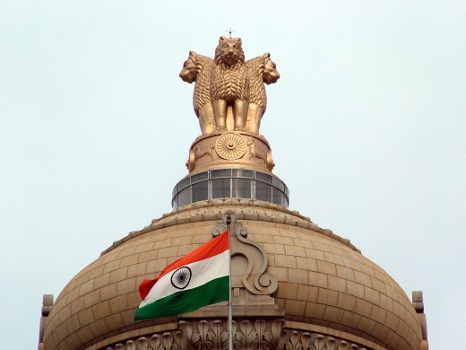 India's National Emblem and Flag Atop The Central Dome on Vidhana Soudha