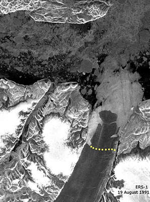 The European Space Agency photo shows a quick melt of the Petermann glacier in 2010