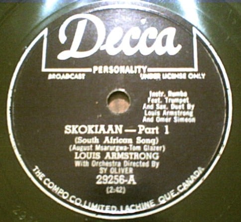 The label of Armstrong's recording of "Skokiaan." Image from Wikipedia