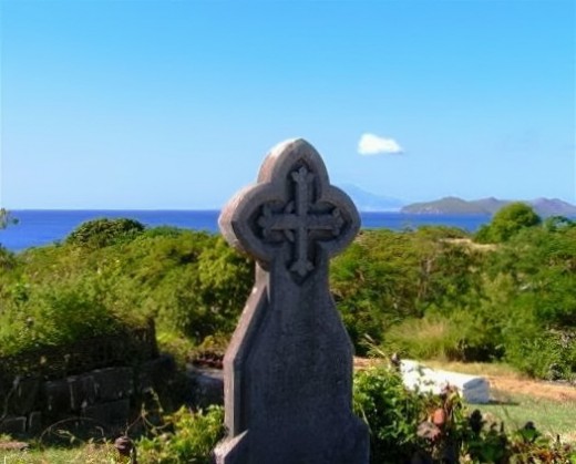 St. Thomas Island, St. Thomas grave with beautiful water in the background. 