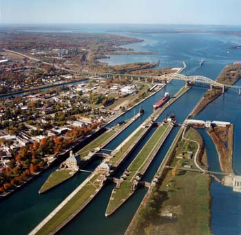The Soo Locks ~ Michigan is to the left of the picture and Canada is to the right.  You can also see the International Bridge.