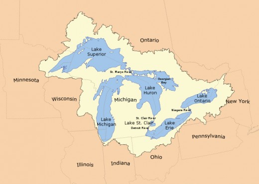 A map showing the Great Lakes and their watershed, with State, Provincial and International boundaries.(Courtesy of http://upload.wikimedia.org/)