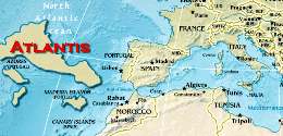 A hypothetical map of Atlantis. The island lay outside the Strait of Gibraltar and likely stretched to the Azores and the Mid-Atlantic Ridge. Original map courtesy Cia.gov.