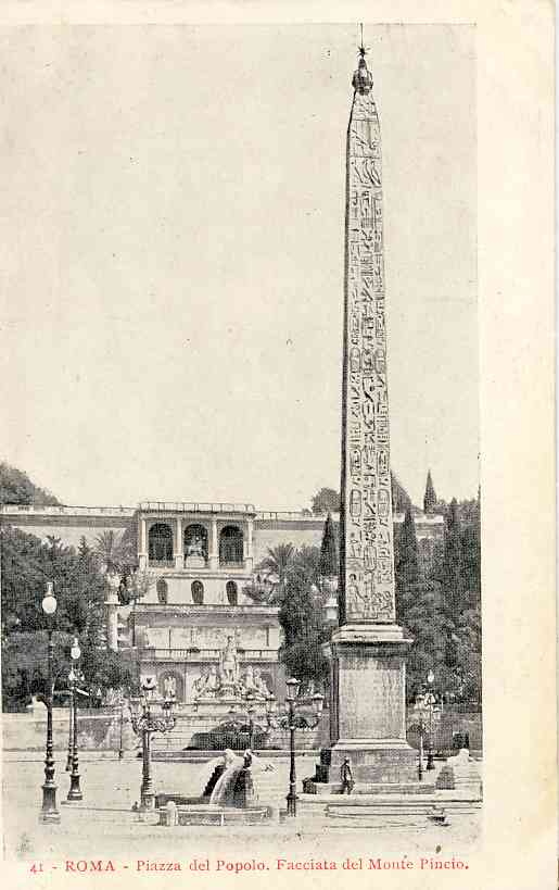 An Egyptian obelisk of Ramesses II from Heliopolis stands in the centre of the Piazza. In the background is the triple-arched nymphaeum on the Pincio designed by architect Giuseppe Valadier in 1811 to 1822.