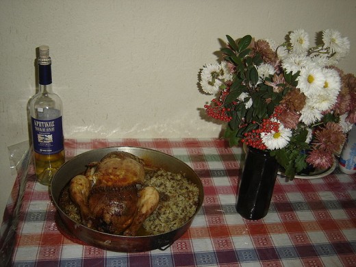 Roast chicken as the centerpiece of a Christmas meal in Greece.