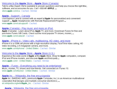 These are Google's search results when you search for "apple"