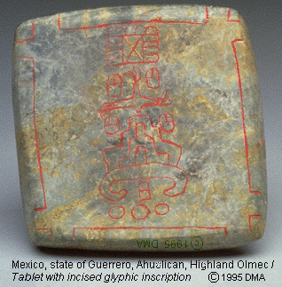 These ancient incised glyphs are associated with the Olmec and bear some similarities to Maya glyphs.