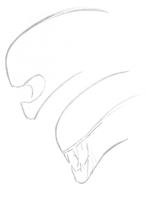 Drawing an Alien Head draft sketches.