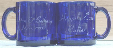 Personalized Wedding Mugs - blue glass with names etched in glass