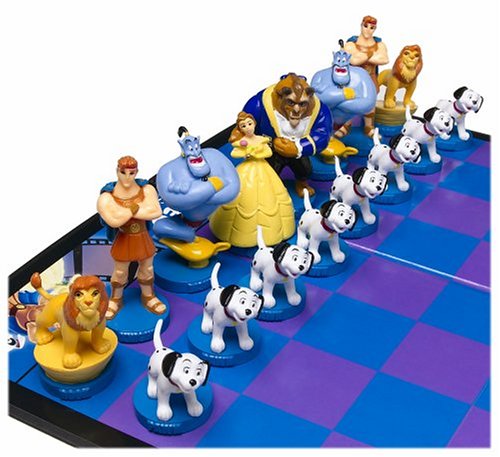 The good team/white in the Disney chess set features hand painted chess pieces like the Beast, Belle, Genie, Hercules and the eight Dalmatians as well as Simba.