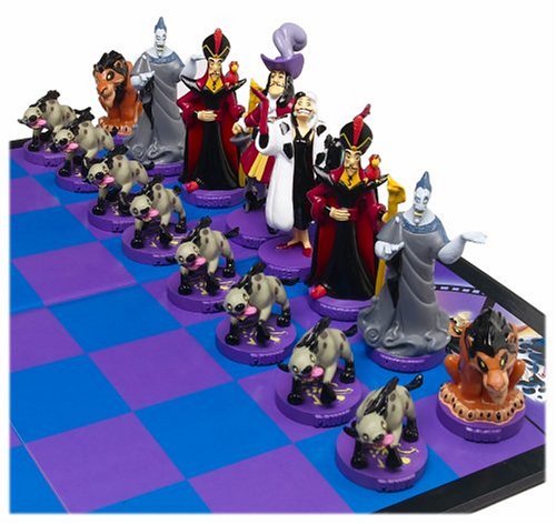 The baddies/black in the Disney chess set features hand painted Disney characters like Captain Hook, Jafar, Hades, Scar and the Eight Hyenas as well as Cruella Devil.